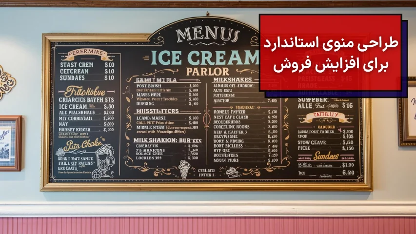 تصویری از یک منو طراحی شده استاندارد برای بستنی فروشی