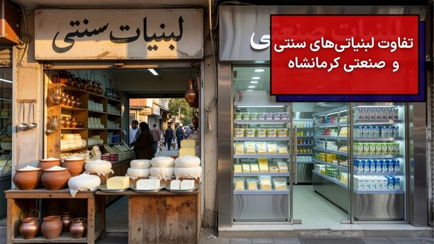 تصویری از دو مدل لبنیاتی برای فهم تفاوت لبنیاتی های سنتی و فروشگاه های لبنی صنعتی کرمانشاه